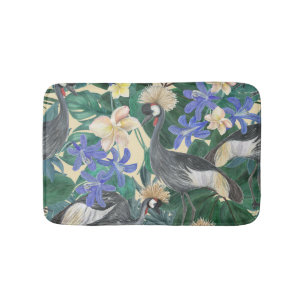 Plumeria Blue Flowers, Watercolor Seamless. Bath Mat