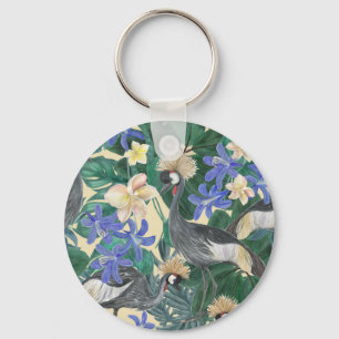 Plumeria Blue Flowers, Watercolor Seamless. Key Ring