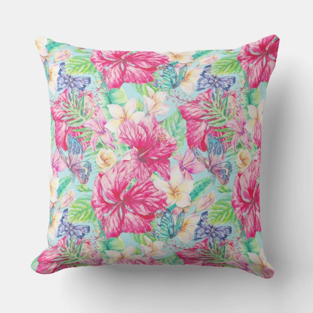 Plumeria Chinese Hibiscus Foliage Butterflies  Cushion (Front)