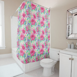 Plumeria Chinese Hibiscus Foliage Butterflies Shower Curtain