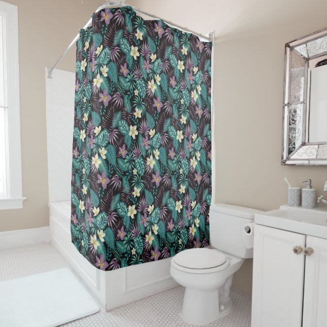Plumeria Flowers Emerald Green Tropical Leaves  Shower Curtain (In Situ)