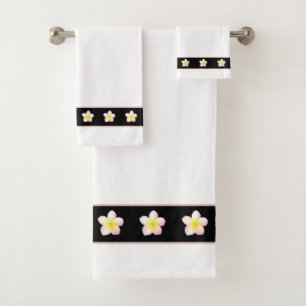 Plumeria Flowers on Black & White Bath Towel Set