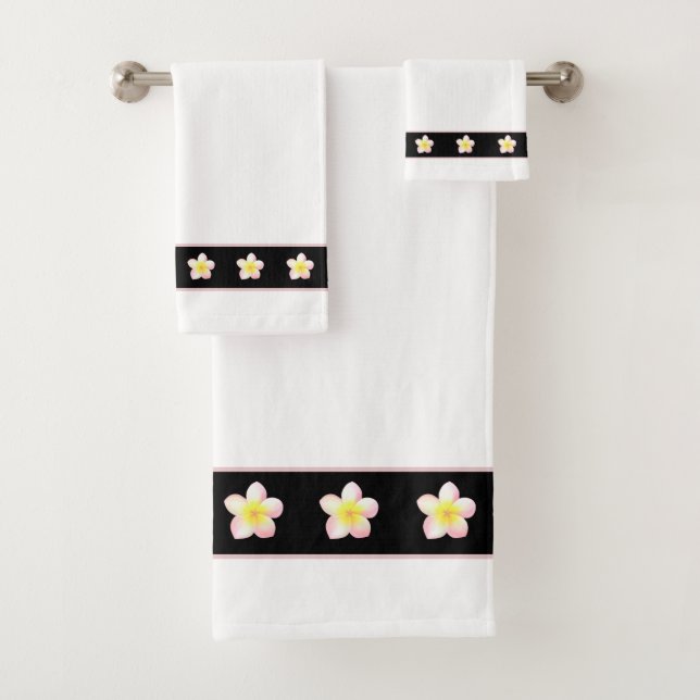 Plumeria Flowers on Black & White Bath Towel Set (Insitu)