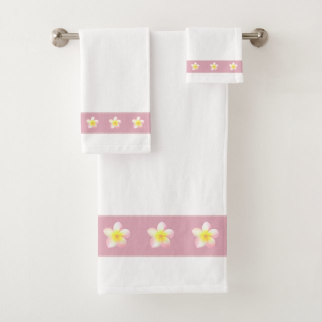 Plumeria Flowers on Light Rose Gold & White Bath Towel Set (Insitu)