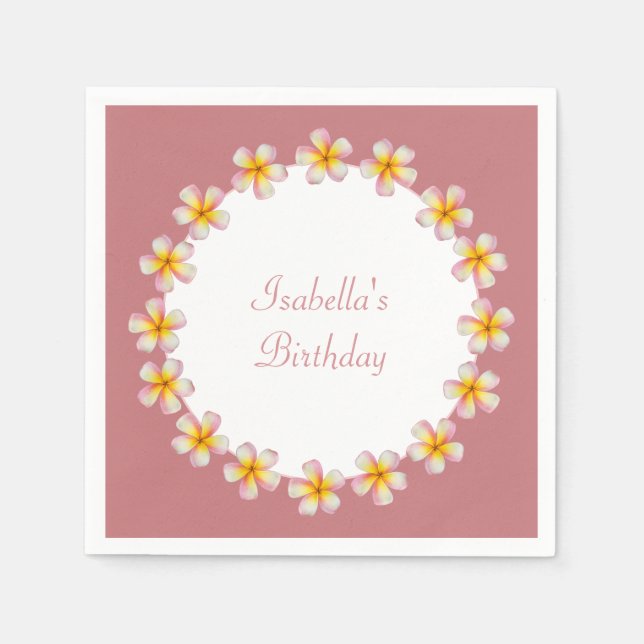 Plumeria Flowers on Rose Gold Birthday Napkin (Front)