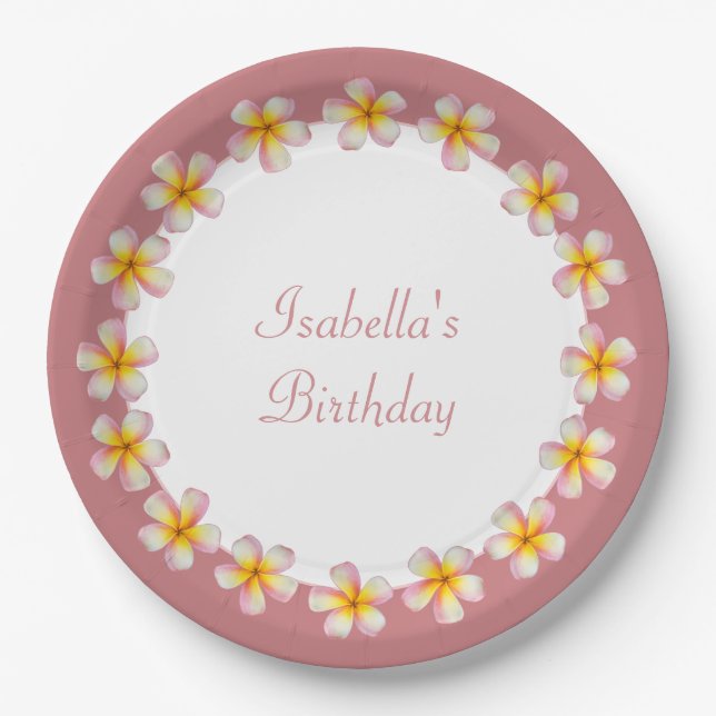 Plumeria Flowers on Rose Gold Birthday Paper Plate (Front)