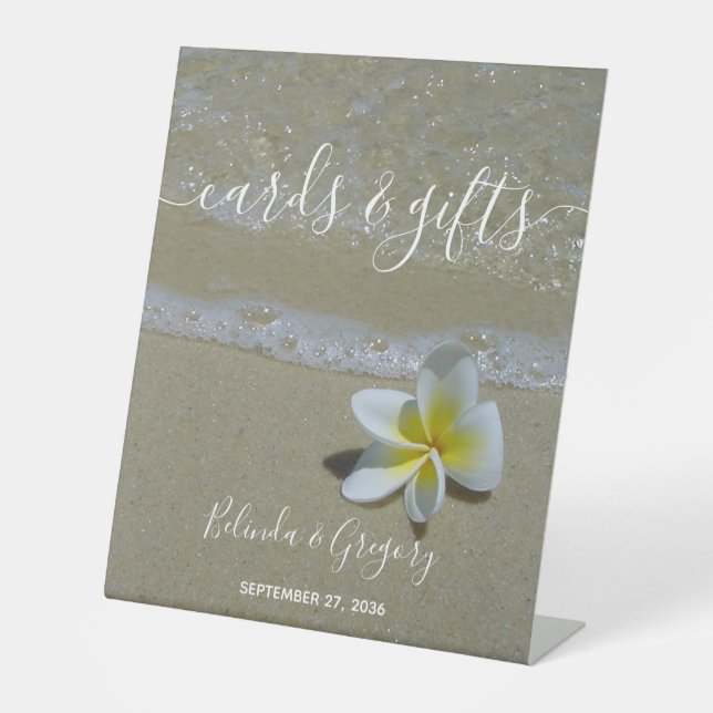 Plumeria Frangipani On Sand Wedding Cards & Gifts Pedestal Sign (Front)