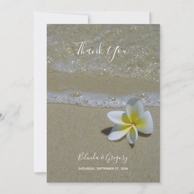 Plumeria Frangipani On Sand Wedding Thank You Card (Back)
