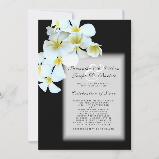 Plumeria on Black Hawaiian Wedding Invitation (Front)