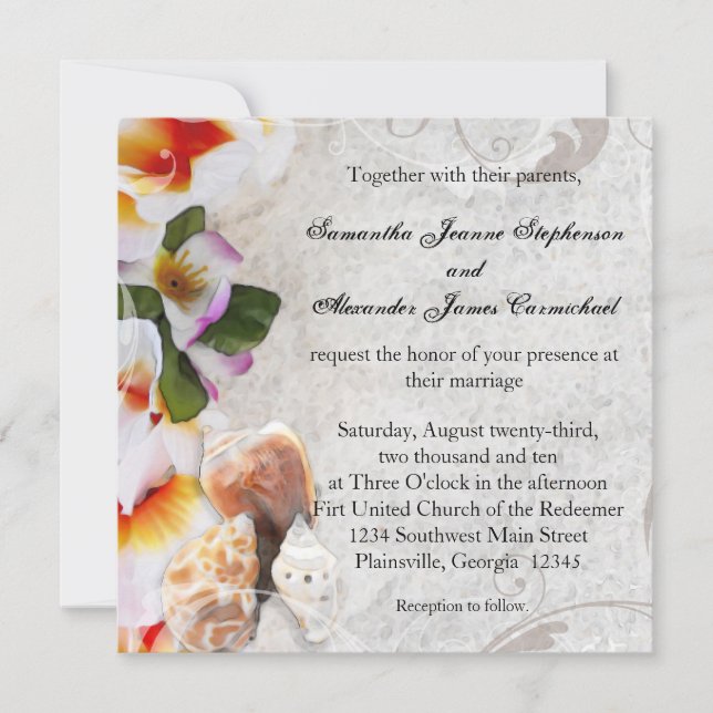 Plumeria Orchid Lei in Sand Beach Wedding Square Invitation (Front)