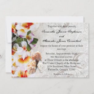 Plumeria Orchid Lei in the Sand Beach Wedding Invitation