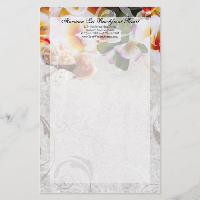 Plumeria Orchid Lei in the Sand Stationery (Front)