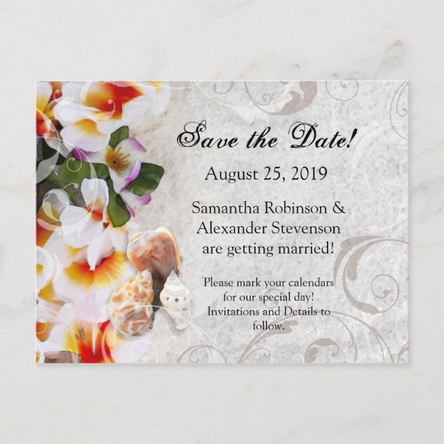 Plumeria Orchid Lei Sand Beach Save the Date Card (Front)
