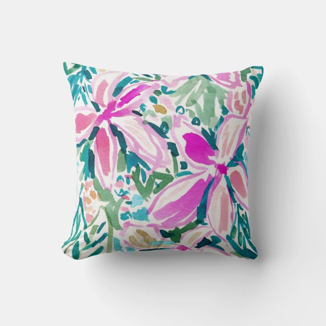 PLUMERIA PARADISE Tropical Floral Watercolor Cushion (Front)