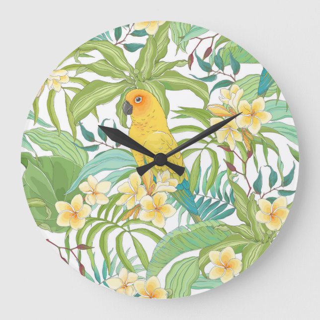 Plumeria, Parrot, Vintage Floral Pattern. Large Clock (Front)