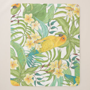 Plumeria, Parrot, Vintage Floral Pattern. Sherpa Blanket