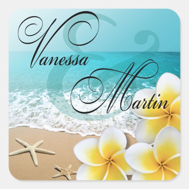 Plumeria Starfish Beach Tropical Hawaii Favour Square Sticker (Front)