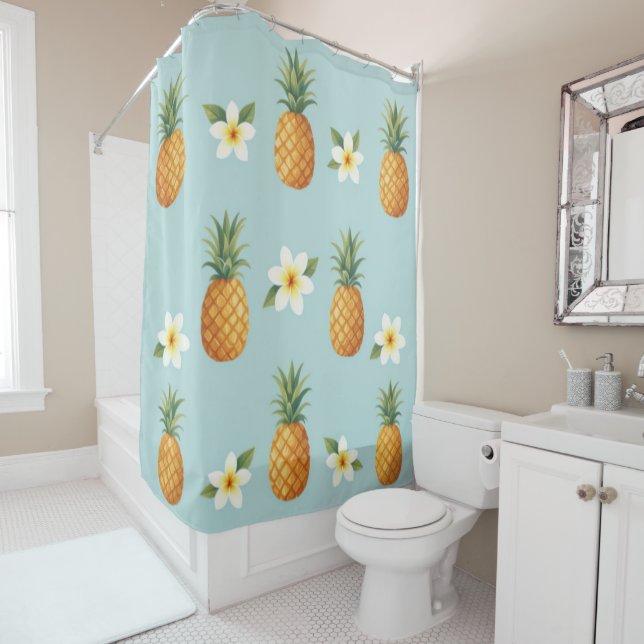 Plumerias & Pineapples Shower Curtain (In Situ)
