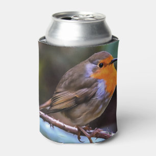 Plump Robin Perched On A Branch Wildlife Art Can Cooler