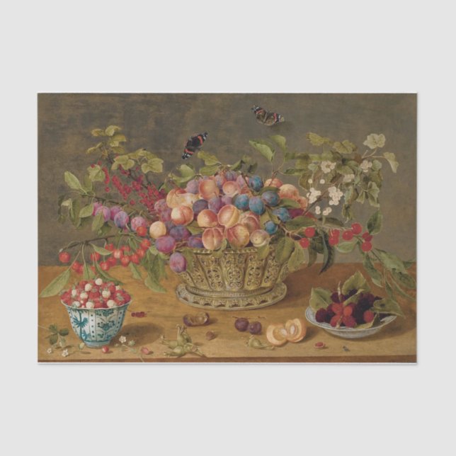 Plums, Apricots, Cherries and Currants in a Basket Tissue Paper (Front)
