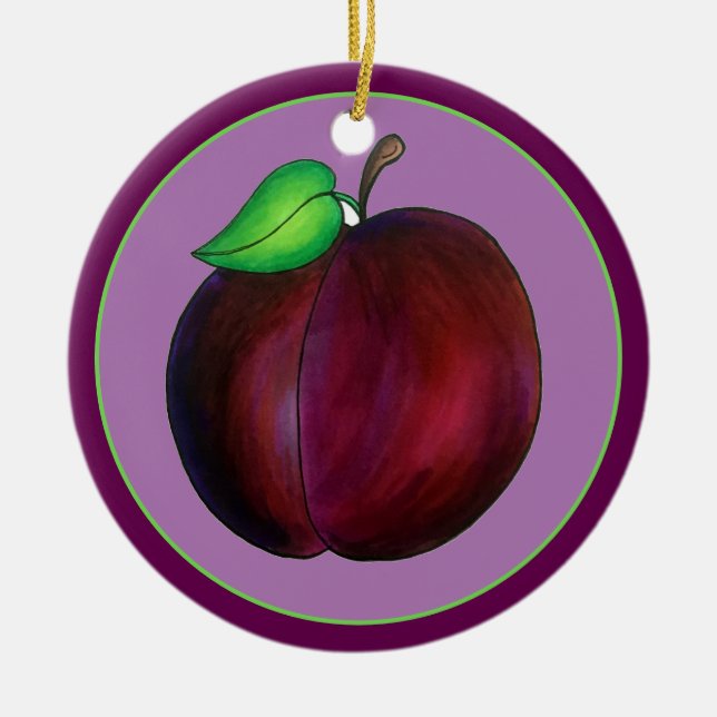 Plums Ripe Summer Purple Plum Fruit Illustration Ceramic Tree Decoration (Front)