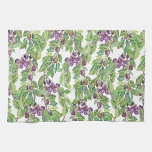 Plums watercolor pattern tea towel