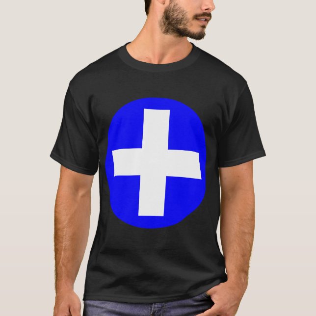 Plus Sign in white with blue T-Shirt (Front)