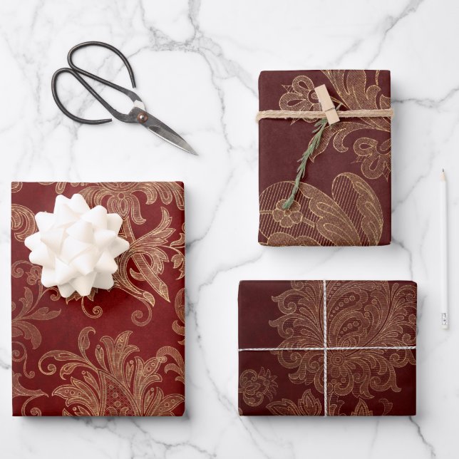 Plush Burgundy Red and Gold Damask Wrapping Paper Sheet (Front)