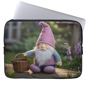Plush Gnome Figurine with Woven Basket in Summer Laptop Sleeve