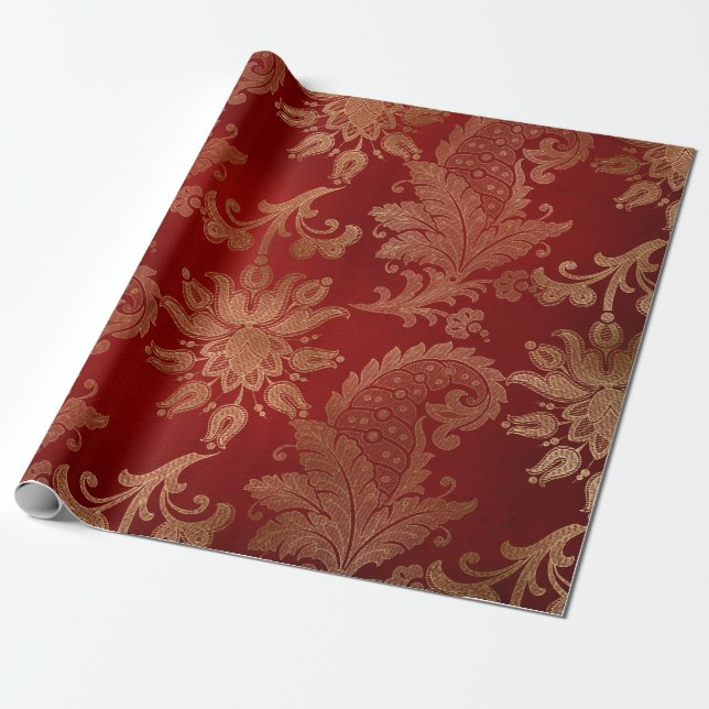 Plush Red and Gold Damask Wrapping Paper (Unrolled)