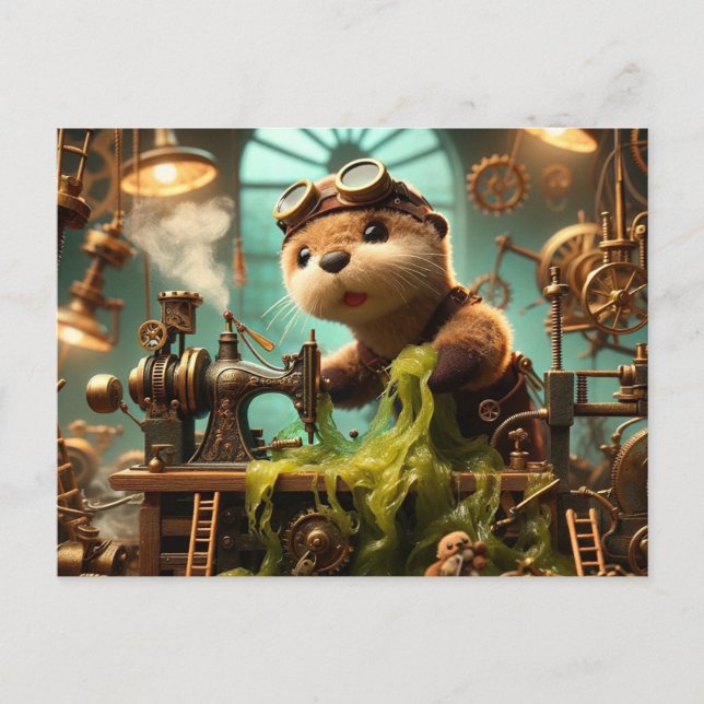 Plush Steampunk Otter Seaweed Clogged Machine Postcard (Front)