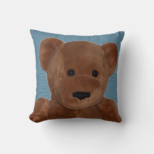 Plush Teddy Bear with Blue Striped Background Cushion (Front)