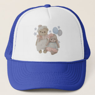  plush toys, bunny and teddy bear with balloons trucker hat