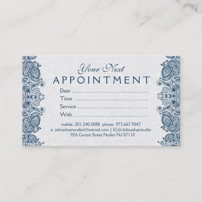 Plush White & Blue Paisley Lace Appointment Card (Front)