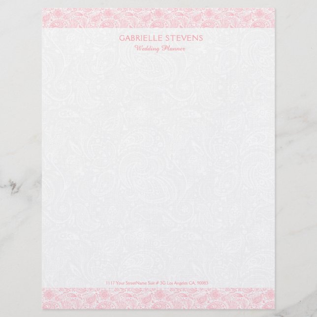 Plush white paisley with pink paisley stripes custom letterhead (Front)