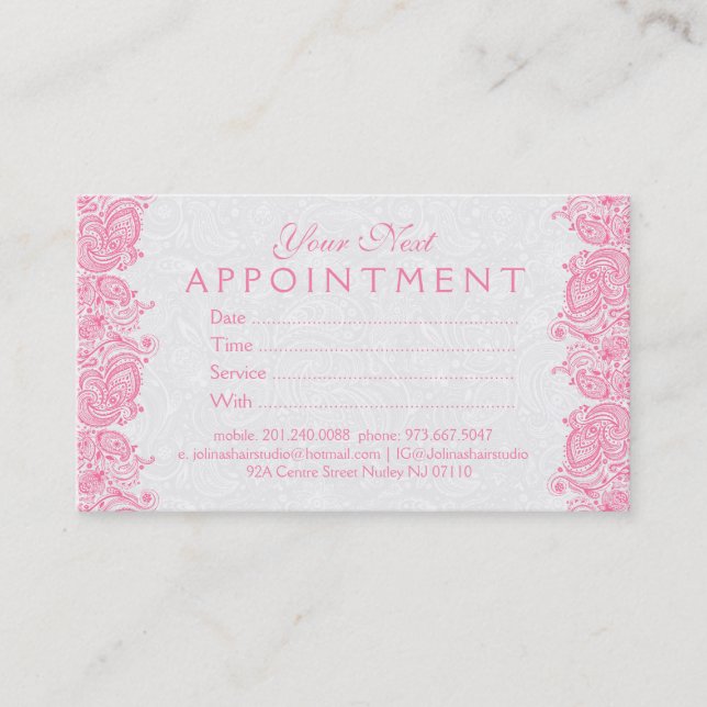Plush White & Pink Paisley Lace Appointment Card (Front)