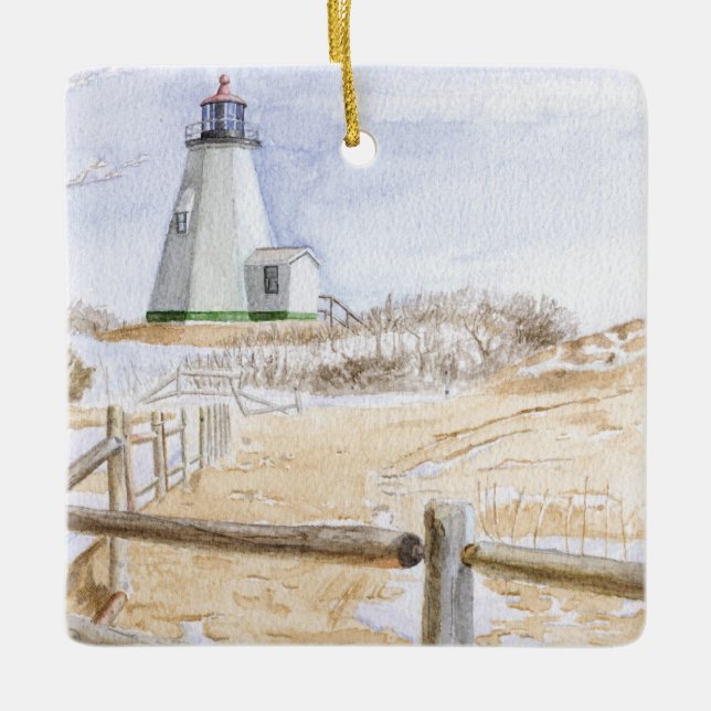 Plymought Lighthouse Watercolor Ceramic Ornament (Front)