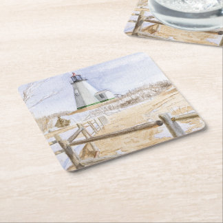 Plymought Lighthouse Watercolor Square Paper Coaster
