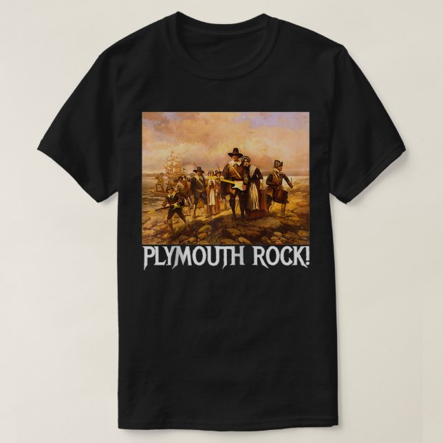 Plymouth Rock Thanksgiving Pilgrims Rocking Guitar T-Shirt (Design Front)