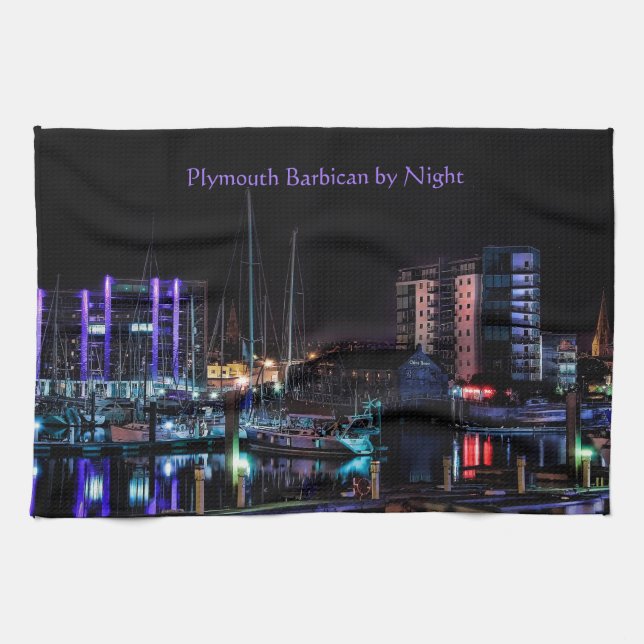 Plymouth Souvenir - The Barbican by Night Tea Towel (Horizontal)