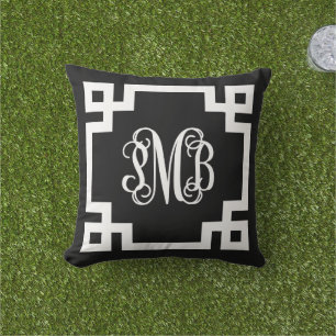 PMB Black and White Greek Key Script Monogram Cushion
