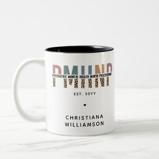PMHNP Leopard Print Psychiatric Mental Health NP Two-Tone Coffee Mug (Left)