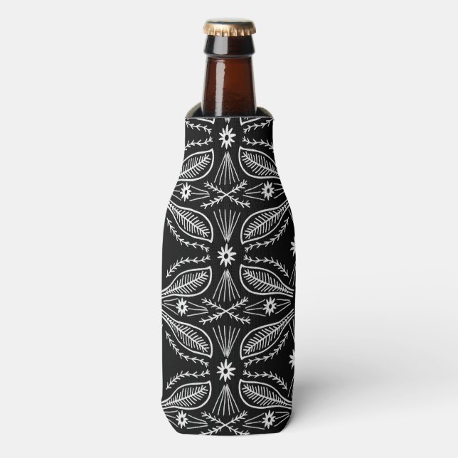 Poblanos Abstract Leaves Pattern Black White Bottle Cooler (Bottle Front)