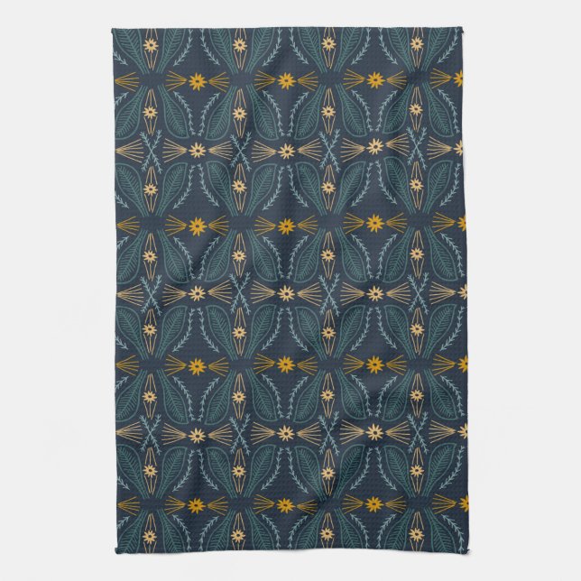 Poblanos Abstract Modern Leaves Pattern navy Tea Towel (Vertical)