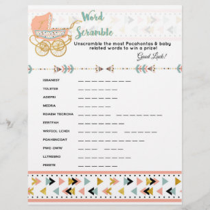 Pocahontas/Boho Baby Shower Word Scramble Game Flyer