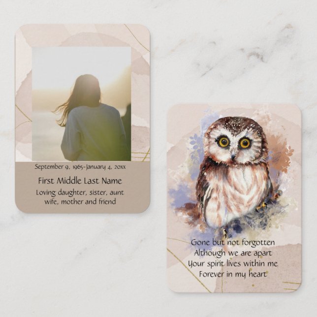 Pocket Keepsake Remembrance Memorial Owl Bird  Business Card (Front/Back)