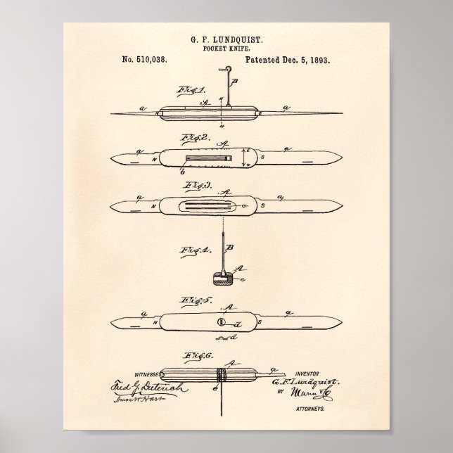 Pocket Knife 1893 Patent Art Old Peper Poster (Front)