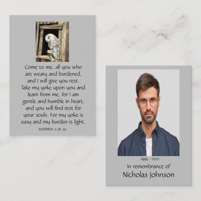 Pocket Memorial Photo Prayer Barn Owl Business Card (Front/Back)