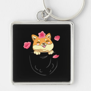 Pocket Shiba Inu Dog Cherry Blossom Flower Key Ring