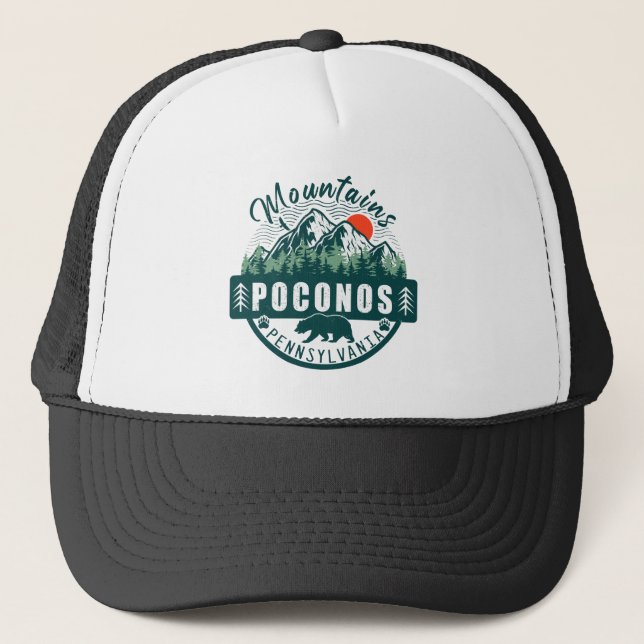 Pocono Mountains PA Retro Sunset Souvenirs Gift Trucker Hat (Front)